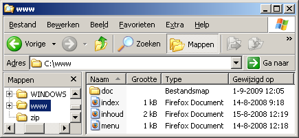 www-map, hoofdmap met index.html www-map